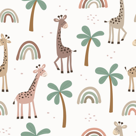 Seamless pattern with giraffe and palm. vector illustration. Can be used for nursery posters, patterns, wallpapers.のイラスト素材