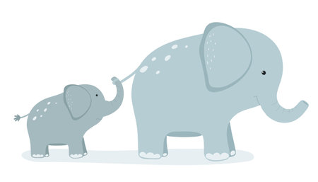 Cute cartoon baby elephant holds the tail of his mom. Flat vector illustration.のイラスト素材