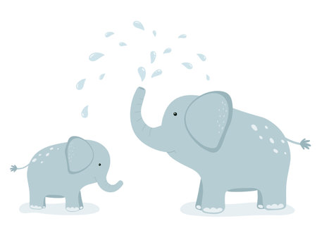 Mother elephant splashes water on her child and herself. Cute cartoon flat vector illustration.のイラスト素材