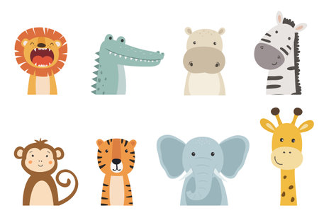 Set of cute safari animals isolated on white background. Vector illustration for postcard, wrapping paper, sticker, book, printing on fabric, invitation.のイラスト素材