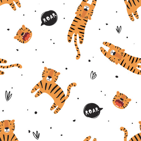 Seamless pattern with cute tiger. Vector illustration in flat style. Can be used for fabric, wrapping paper, scrapbooking, textile, poster etc.のイラスト素材
