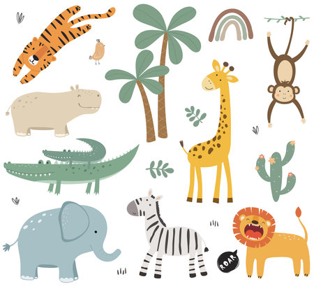 Set of cute african animals. Elephant, tiger, leon, giraffe, hippo, zebra, monkey, crocodile and bird. Vector illustration in flat style.のイラスト素材