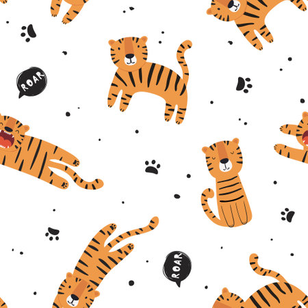 Seamless pattern with cute tiger. Vector illustration in flat style. Can be used for fabric, wrapping paper, scrapbooking, textile, poster etc.のイラスト素材