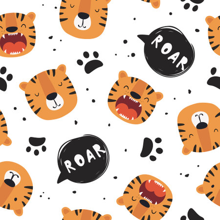 Seamless pattern with face of cute tiger. Vector illustration in flat style. Can be used for fabric, wrapping paper, scrapbooking, textile, poster etc.のイラスト素材