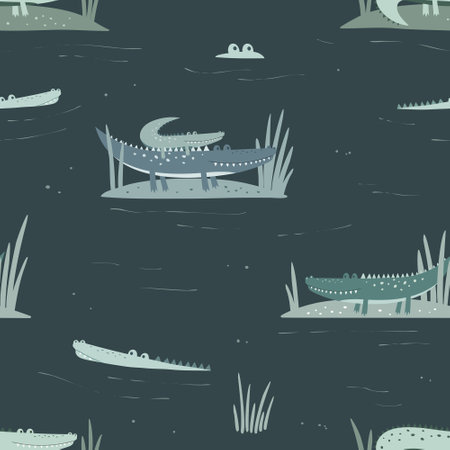 Seamless pattern with cute crocodiles in water. vector illustration. Can be used for nursery posters, patterns, wallpapers.のイラスト素材