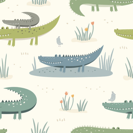 Seamless pattern with cute colorful crocodiles. vector illustration. Can be used for nursery posters, patterns, wallpapers.のイラスト素材