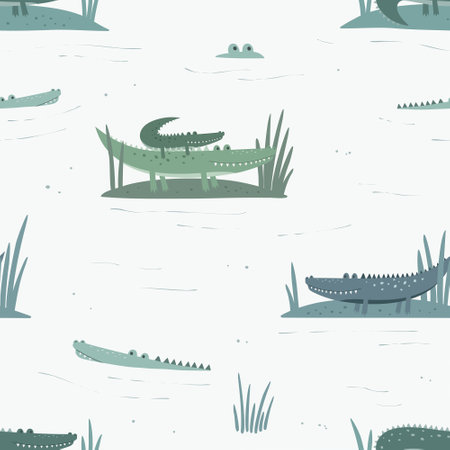 Seamless pattern with cute crocodiles in water. vector illustration. Can be used for nursery posters, patterns, wallpapers.のイラスト素材