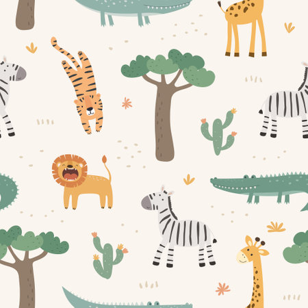 Seamless pattern with cute african animals. Tiger, leon, giraffe, zebra and crocodile. Vector illustration in flat style. Can be used for nursery posters, patterns, wallpapers.のイラスト素材