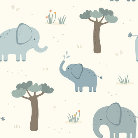 Seamless pattern with cute elephant on light background. Vector illustration in flat style. Can be used for wrapping paper, fabric, textile, wrapping paper, fabric, textile etc.のイラスト素材