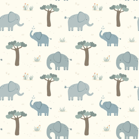 Seamless pattern with cute elephant on light background. Vector illustration in flat style. Can be used for wrapping paper, fabric, textile, wrapping paper, fabric, textile etc.のイラスト素材