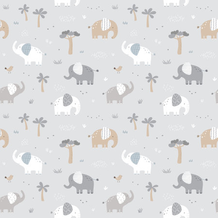Seamless pattern with cute elephant on light background. Vector illustration in flat style. Can be used for wrapping paper, fabric, textile, wrapping paper, fabric, textile etc.のイラスト素材