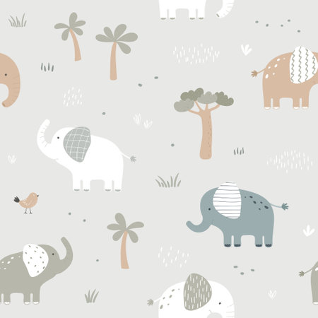 Seamless pattern with cute elephant on light background. Vector illustration in flat style. Can be used for wrapping paper, fabric, textile, wrapping paper, fabric, textile etc.のイラスト素材