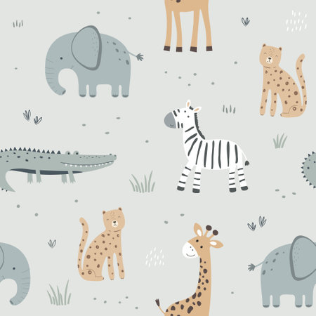 Seamless pattern with cute african animals. Elephant, leopard, giraffe, zebra and crocodile. Vector illustration in flat style. Can be used for nursery posters, patterns, wallpapers.のイラスト素材