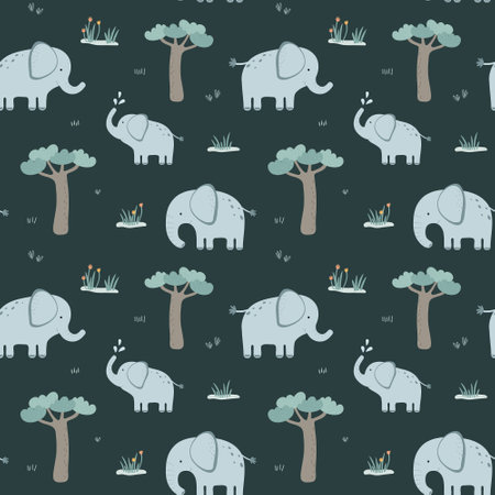 Seamless pattern with cute elephant. Vector illustration in flat style. Can be used for wrapping paper, fabric, textile, wrapping paper, fabric, textile etc.のイラスト素材