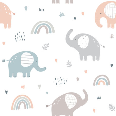 Seamless pattern with cute elephant on white background. Vector illustration in flat style. Can be used for wrapping paper, fabric, textile, wrapping paper, fabric, textile etc.のイラスト素材