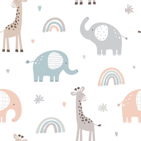 Seamless pattern with cute elephant and giraffe on white background. Vector illustration in flat style. Can be used for wrapping paper, fabric, textile, wrapping paper, fabric, textile etc.のイラスト素材