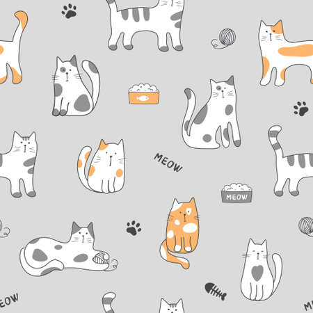 Seamless pattern with cute cartoon cats on gray background. Vector illustration in flat style. Can be used for fabric print, textile, wrapping paper, nursery room.のイラスト素材