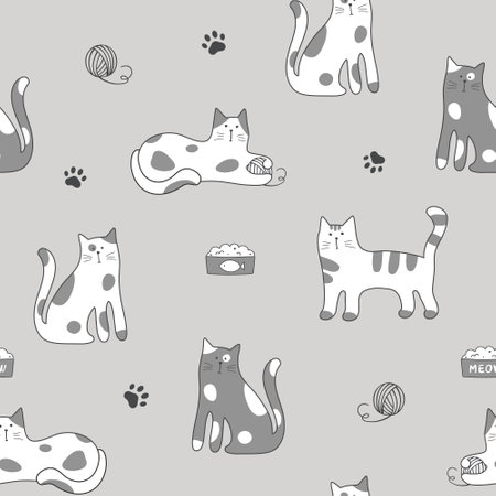 Seamless pattern with cute cartoon cats on gray background. Vector illustration in flat style. Can be used for fabric print, textile, wrapping paper, nursery room.のイラスト素材