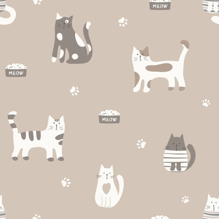 Seamless pattern with cute cartoon cats on light brown background. Vector illustration in flat style. Can be used for fabric print, textile, wrapping paper, nursery room.のイラスト素材