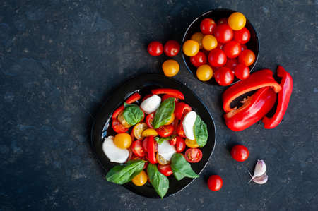 Summer salad and individual ingredients tomatoes, peppers and garlic on a dark background. View from above.の写真素材