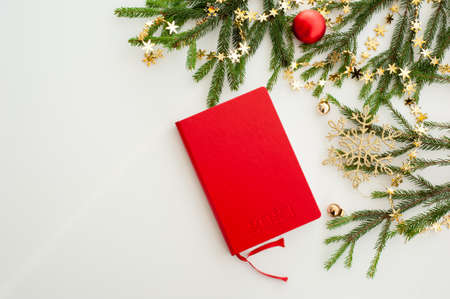 New Years planning. A red diary for 2021 on a white table decorated with Christmas tree. View from above. A place for text.の写真素材