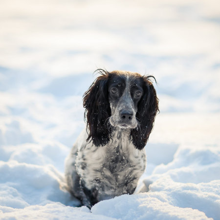 A cute dog spaniel sits in the snow. A look at the camera. Square photo.