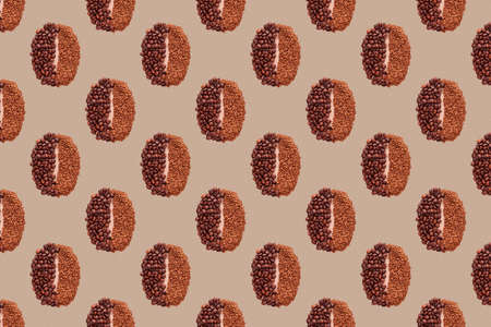 The large coffee bean is laid out from roasted coffee beans and instant granulated coffee on a beige background. Monochrome. Love for coffee. Seamless patternの写真素材
