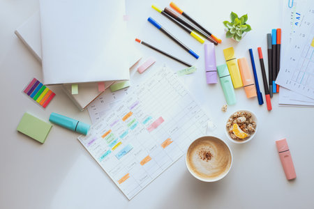 Top view of the white work desk with colourful stationery. Students schedule for the week. Planning...