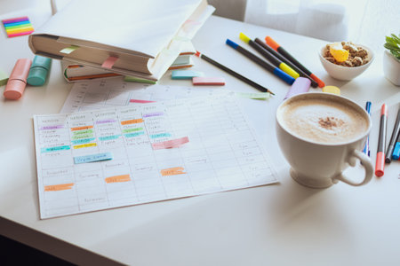 Side view of the students or pupils desk. A white table with scattered colorful markers, a weekly schedule and a cup of coffee. Selective focus. A real workplace.の写真素材