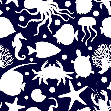 Sea animals seamless pattern in navy blue and whiteのイラスト素材