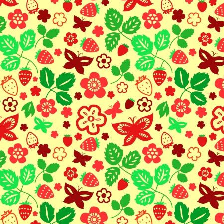 Strawberry leaves and butterflies seamless pattern, vectorのイラスト素材