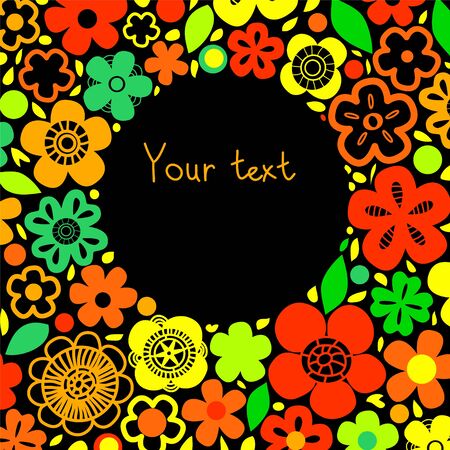 Floral background on black with a circle for custom text, vectorのイラスト素材
