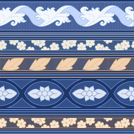Blue striped floral seamless pattern, のイラスト素材