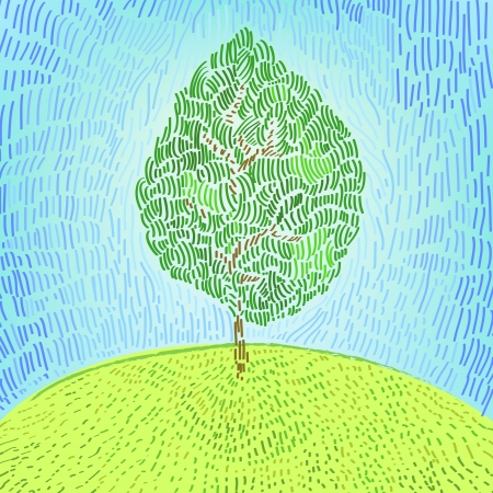 Artistic green tree on a hill  illustrationのイラスト素材