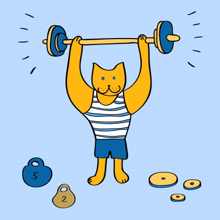 Funny cartoon bodybuilder cat with barbell on blue illustrationのイラスト素材