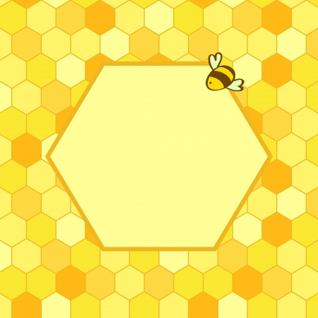 Honeycomb background with a hex frame for your text and a cartoon bee, vectorのイラスト素材