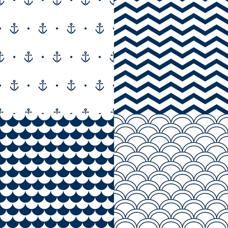 Navy vector seamless patterns set: scallop, waves, anchors, chevronのイラスト素材