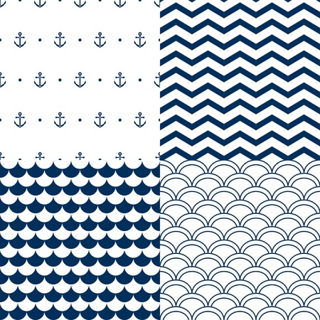 Navy vector seamless patterns set: scallop, waves, anchors, chevronのイラスト素材