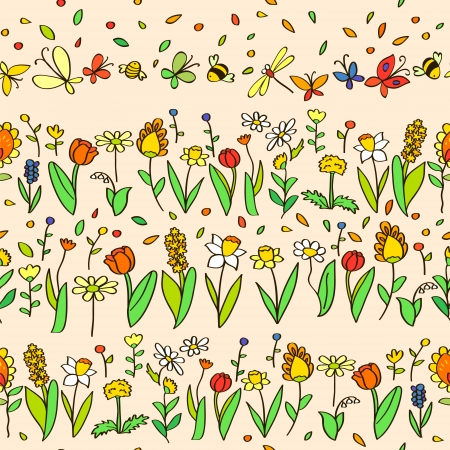 Fresh spring cartoon flowers seamless pattern in pastel colors, vectorのイラスト素材