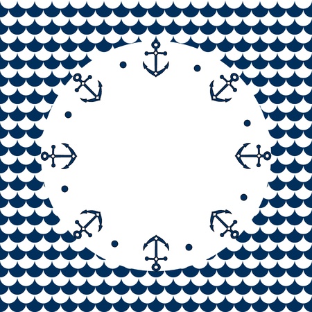 Navy blue and white roud frame with anchors on a scalloped background, vectorのイラスト素材