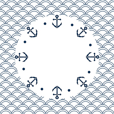 Navy blue and white roud frame with anchors on a scalloped background, vectorのイラスト素材