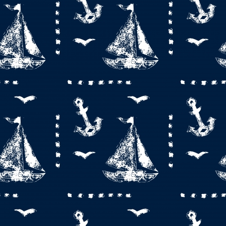 Grunge white stamp print sailboat, anchor and seagull on navy blue background seamless pattern, vectorのイラスト素材