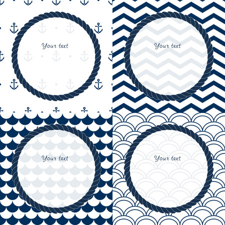 Navy blue and white travel round frames set on chevron, scalloped and anchor patterned backgroundsのイラスト素材