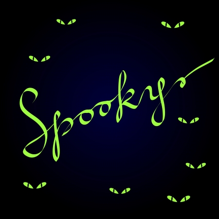 Spooky calligraphic lettering on dark blue with evil green eyes, halloween vector backgroundのイラスト素材