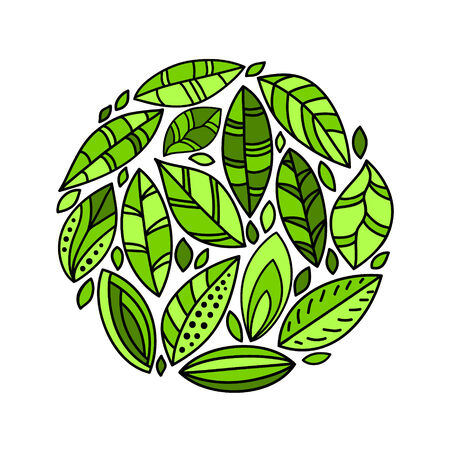 Green fresh leaves circle doodles on whiteのイラスト素材