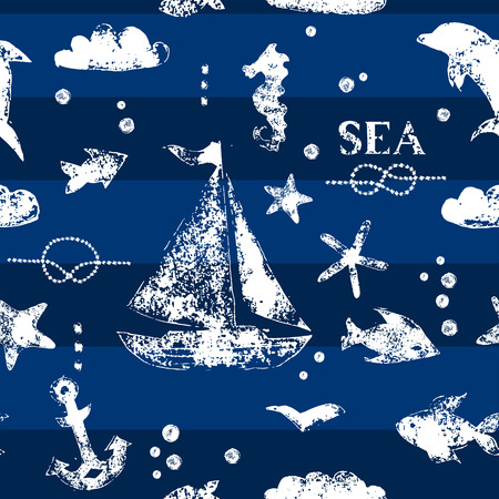 Grunge white stamp print sailboat, anchor, fishes, seagull on navy blue background seamless pattern, vectorのイラスト素材
