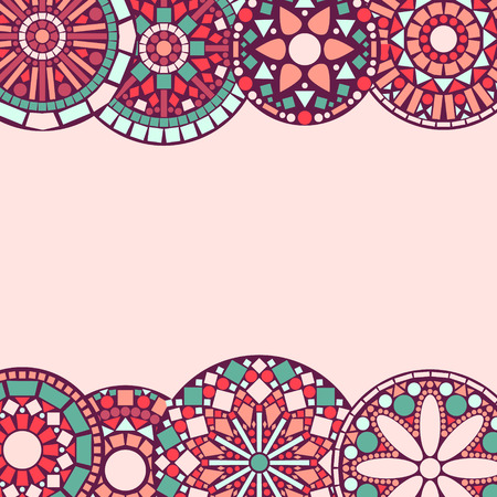 Colorful circle floral mandalas horizontal frame background in pinkのイラスト素材