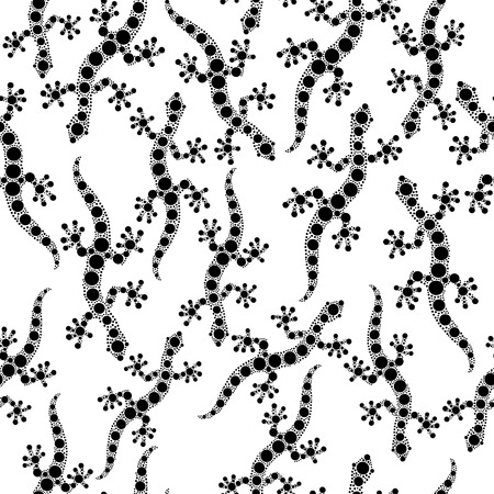 Black gecko lizard on white aboriginal australian style dot painting seamless pattern, vectorのイラスト素材