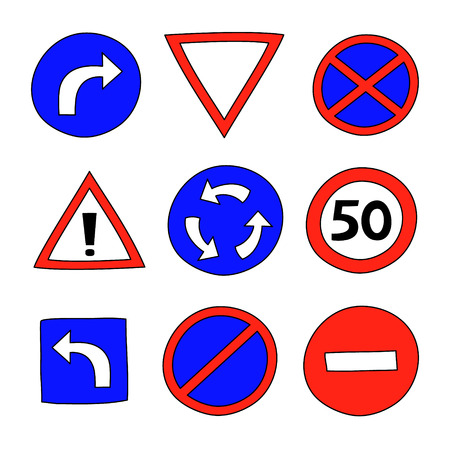 Cartoon colorful street signs set on white, vector illustrationのイラスト素材