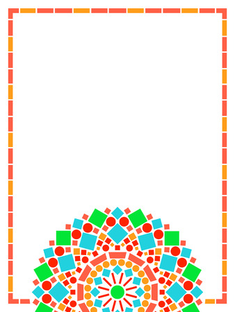 Colorful circle floral mandala frame background in green and orange on white, vectorのイラスト素材